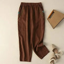 Beige Embroidery Linen Casual Elastic Loose Wide Leg Women's Pants