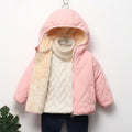 Pink quilted jacket with fur-lined hood on a white background, Obroi