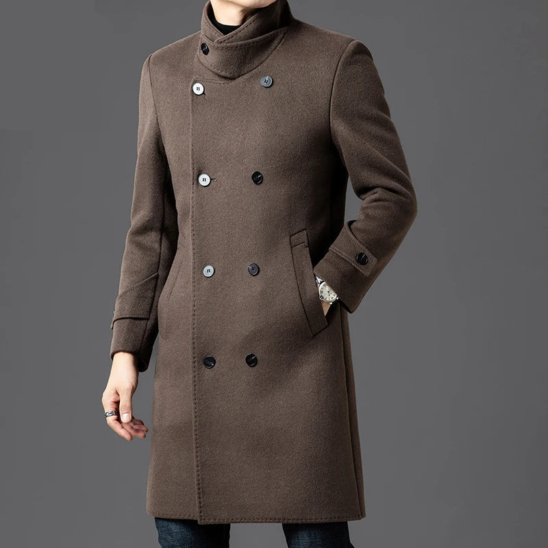Winter Wool Jacket Men Light Luxury Long Woolen Trench Coats Thick Soft Warm Overcoat Man