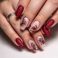 24Pcs Short Ballet False Nails with Red Flower Design Green Ins Wearable Press-on Nails