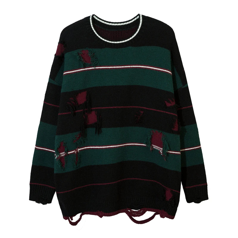 Autumn Streetwear Hollow Out Stripe Hole Knit Sweater Pullover Streetwear Oversize Loose Knit Sweater Top