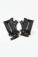 A pair of black fingerless gloves with silver zippers and adjustable straps featuring metal grommets, displayed on a clean white background, Obroi