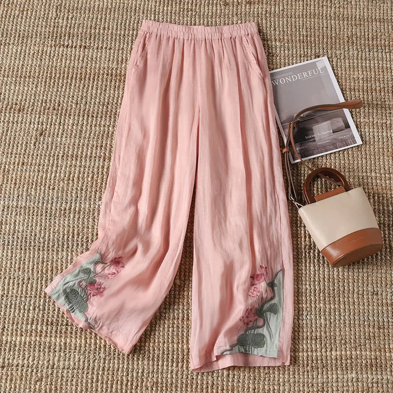 Summer Loose Fit Embroidered Casual Pants Women Female Clothing