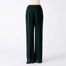 Silk Georgette Dark Green Natural Waist Stitching Jacquard Asymmetric Design Double-layer Silk Straight Pants