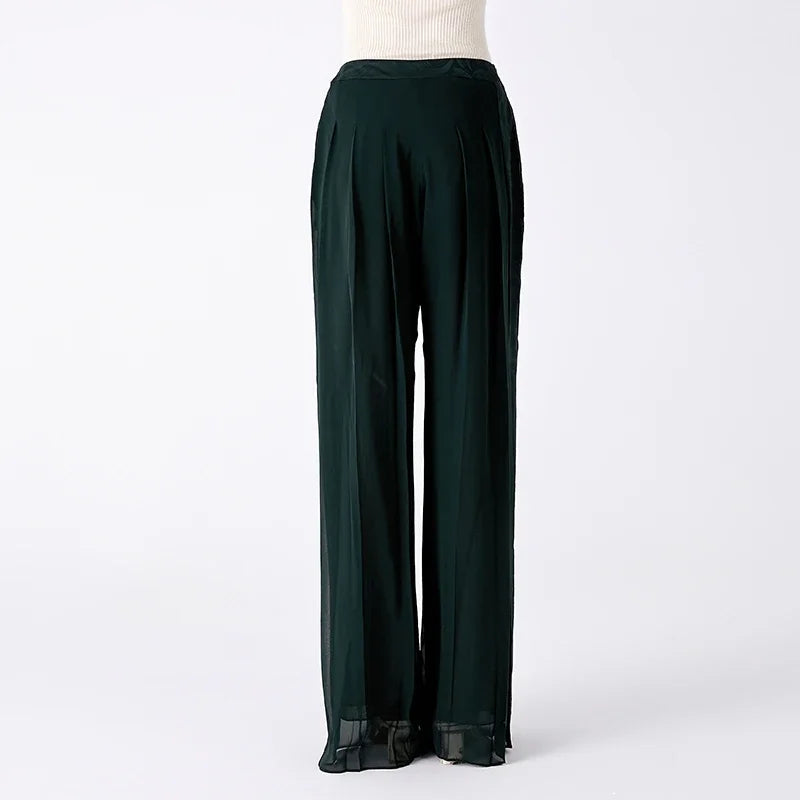Silk Georgette Dark Green Natural Waist Stitching Jacquard Asymmetric Design Double-layer Silk Straight Pants