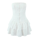 Women Hollow Out Embroidery Strapless Dresses Front Buckle Fit And Flare Party Mini Dresses