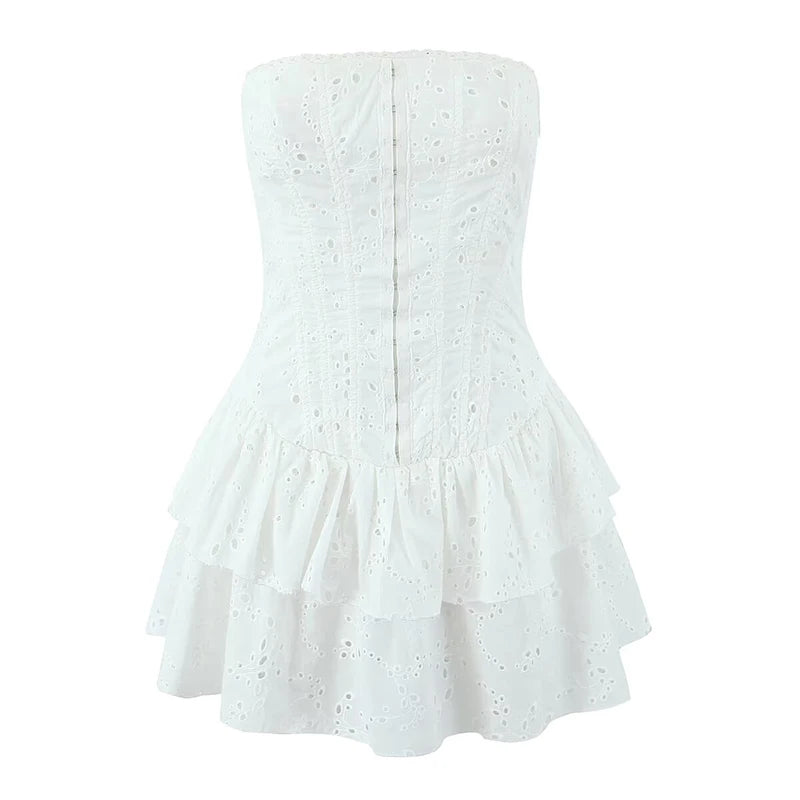 Women Hollow Out Embroidery Strapless Dresses Front Buckle Fit And Flare Party Mini Dresses