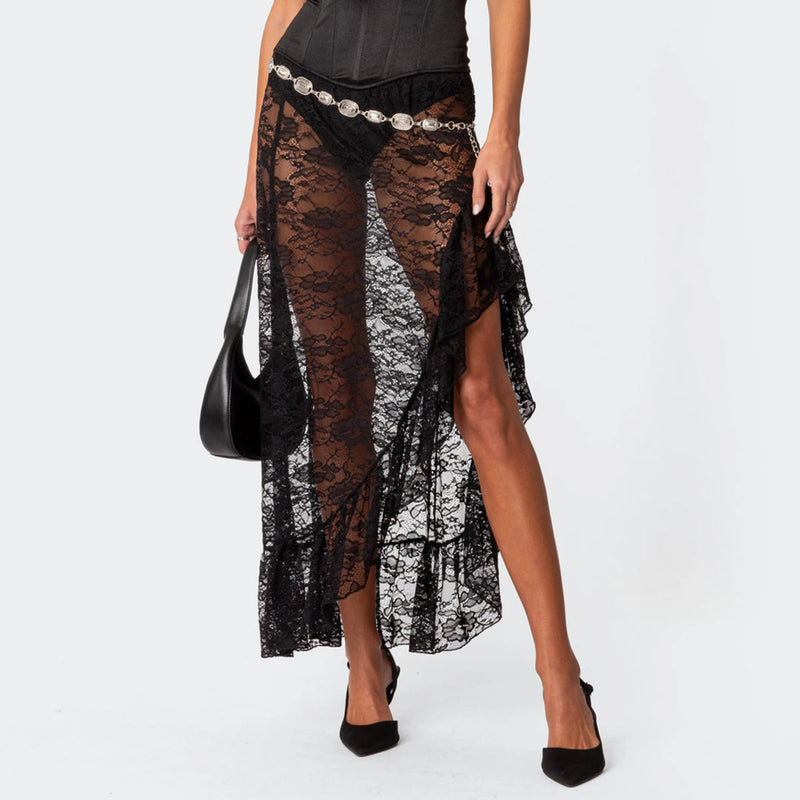 Women Lace Long Skirts High Waist Hem Ruffle Midi Skirts Flowy Skirts Streetwear