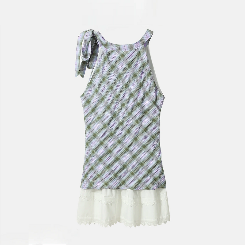 Plaid Halter Neck Vest Dresses Women's Summer Sleeveless Spliced Lace Waist Slimming Short Dress