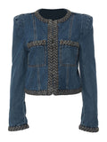 Weaving Jacket for Women Spliced Pocket Shoulder Design Denim Coat Female