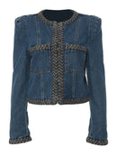 Weaving Jacket for Women Spliced Pocket Shoulder Design Denim Coat Female
