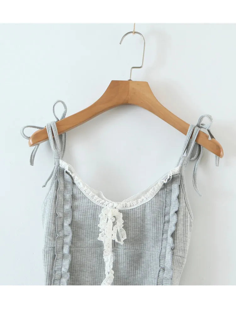 Summer Strap Mini Dress Woman Sexy Slim Streetwear Lace Bow Tie Fungus Decorative Short Knitted Dress Female