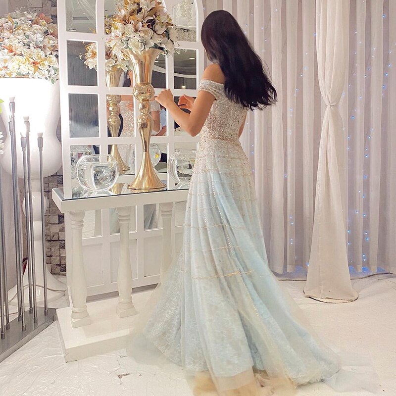 Luxury Dubai Mint Green Evening Dresses Elegant Off Shoulder Lilac Arabic Formal Dress for Women Wedding Party