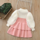 Autumn Kids Jersey Dress 2-6T Cute Color Block Puff Sleeve Girls Princess Dress Bow Sweet Children Outwear Clothes