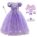 Purple princess dress with matching accessories on a white background, Obroi