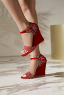 Refined Ladies High Heel Sandals Wedge Heel Rhinestone Band Open Toe Covered Heel