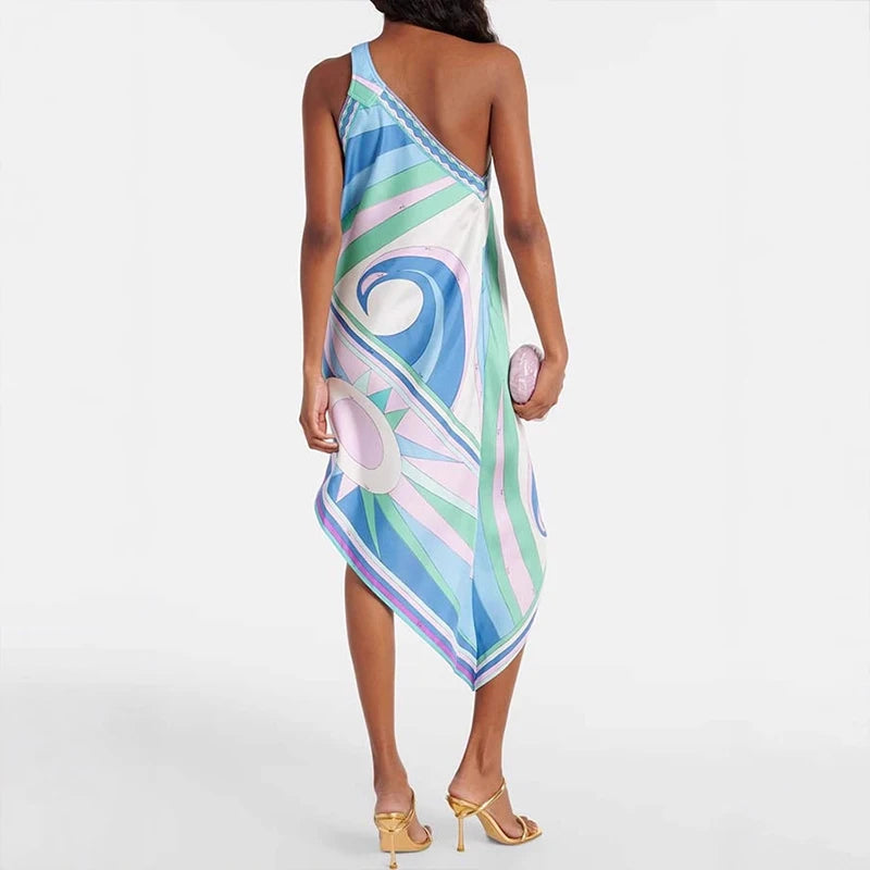 Women Slanted Neck Hollow Out Club Party Dress Sleeveless Satin Dress