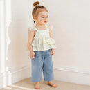 Baby Little Girl Pants Set Floral Ruffled Lace Tops Elastic Waist Denim Pants Summer Outfit 1-6T