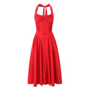 Red Corset Style Bow Halter Dress Spliced Lace Drawstring Rope Chest Pleated Slim Low Waist Folded Swing Midi Robe