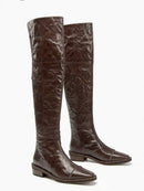 Women Pleated Thick Heel Knee High Women Boots, Knight Boots Round Toe Side Zipper Mid Leg Boots