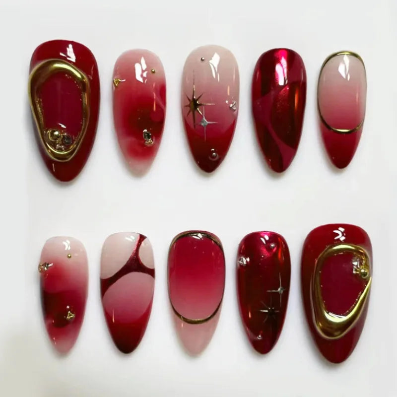 24pcs Green Cat's Eye Fake Nail Short Almond Nails Tips Rippled Press on Nails
