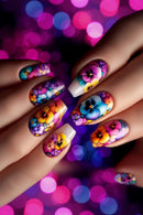 Close-up of manicured fingernails decorated with colorful floral nail art featuring purple, blue, pink, orange, and yellow flowers on a dark blurred background, Obroi