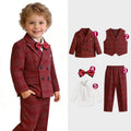 Child wearing a red plaid suit with a split image showing individual suit pieces, Obroi