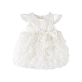 A white baby girl's dress featuring a satin bodice with flutter sleeves, a large satin bow at the center, and a layered ruffled tulle skirt, shown against a plain white background, Obroi