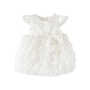 A white baby girl's dress featuring a satin bodice with flutter sleeves, a large satin bow at the center, and a layered ruffled tulle skirt, shown against a plain white background, Obroi