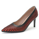 High-heeled shoe with red and black pattern on a white background, Obroi