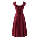 Women Square Neck Short Sleeve Midi Slim Elegant Dress Red Lace Up Evening Party Dresses