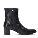 Black leather ankle boot with a zipper on a white background, featuring the brand 'Obroi'.