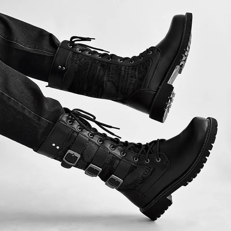 Men Boots Boots Motorcycle Boots for Men Lace-up Platform Boot Mid-Calf Casual Leather