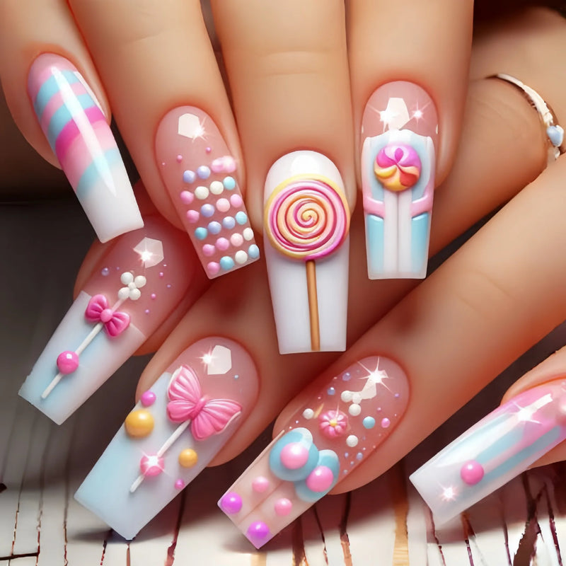 24Pc Blue White Shading Fake Nails Candy Pattern Design Med-length Coffin Press on Nails Sweet Cute Fashion Full Over False Nail