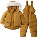 Yellow winter jacket and snowsuit set with white fur trim on a white background, Obroi