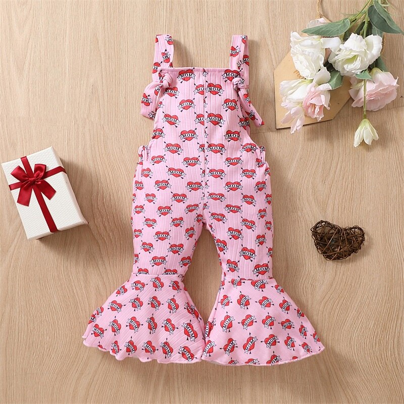 Toddler Kid Baby Girls Valentine Day Casual Jumpsuit Pink Sleeveless Heart Suspender Flared Pants Outfit