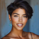 Woman with a stylish haircut and earrings against a neutral background, Obroi
