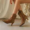 Brogue Design Women Shoes Brown White Pointed Toe Mature Ladies Pumps Retro Ankle Boots