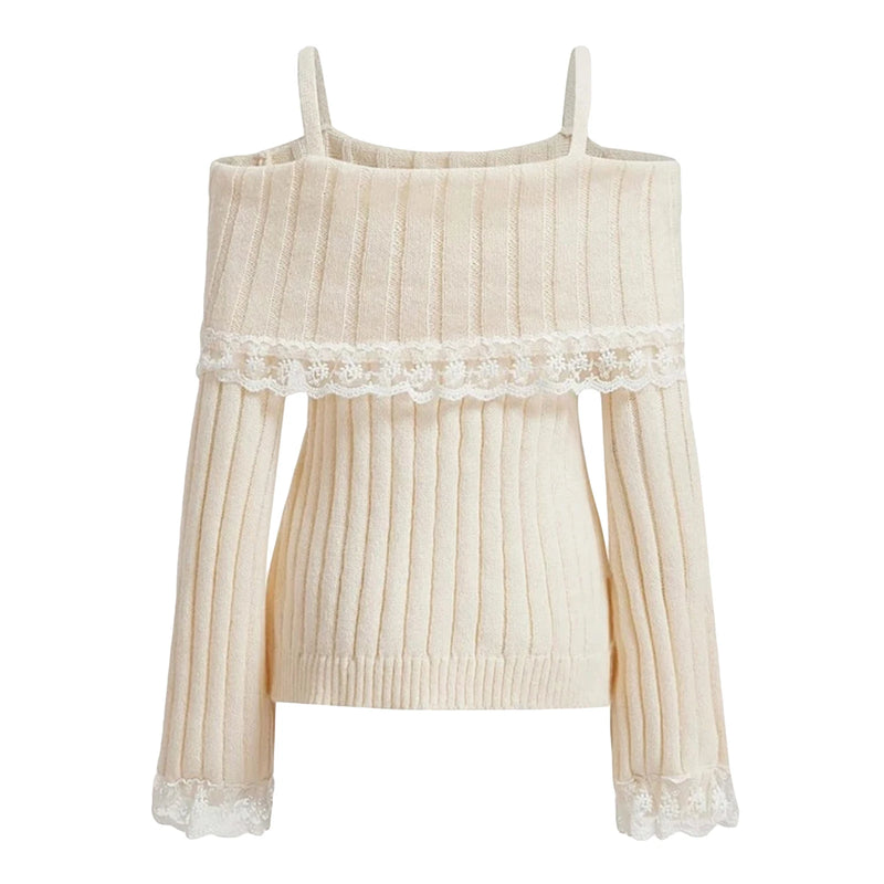 Women Off Shoulder Knit Sweater Solid Color Sweet Pullovers Long Sleeve Bow Lace Patchwork Cute Jumpers Club Streetwear