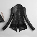 Leather Jacket Women Spring  Autumn Lace Patchwork Short Slim Coat