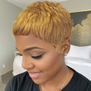 Woman with short blonde hair in a bedroom setting, Obroi