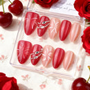 Set of red and pink nail art designs in a clear case with cherries and roses on a floral background, Obroi