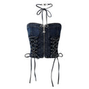 Summer Women Denim Camisole Punk Crop Top Halter Tops