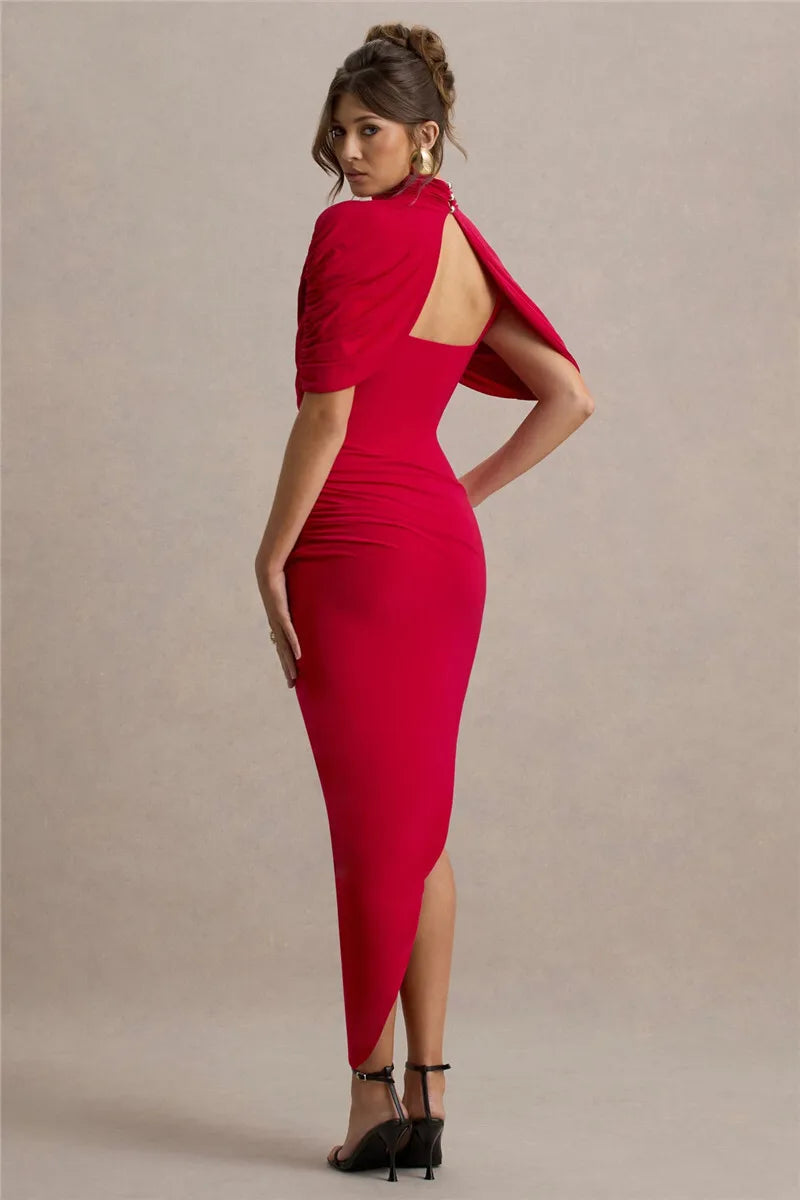 Backless Ruched Dress Women Summer Turtleneck Slim High Waist Evening Club Party Long Dress