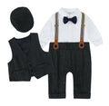 Baby boy outfit with white shirt, black vest, gray pants, bow tie, and cap on a white background, Obroi