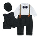 Baby boy outfit with white shirt, black vest, gray pants, bow tie, and cap on a white background, Obroi