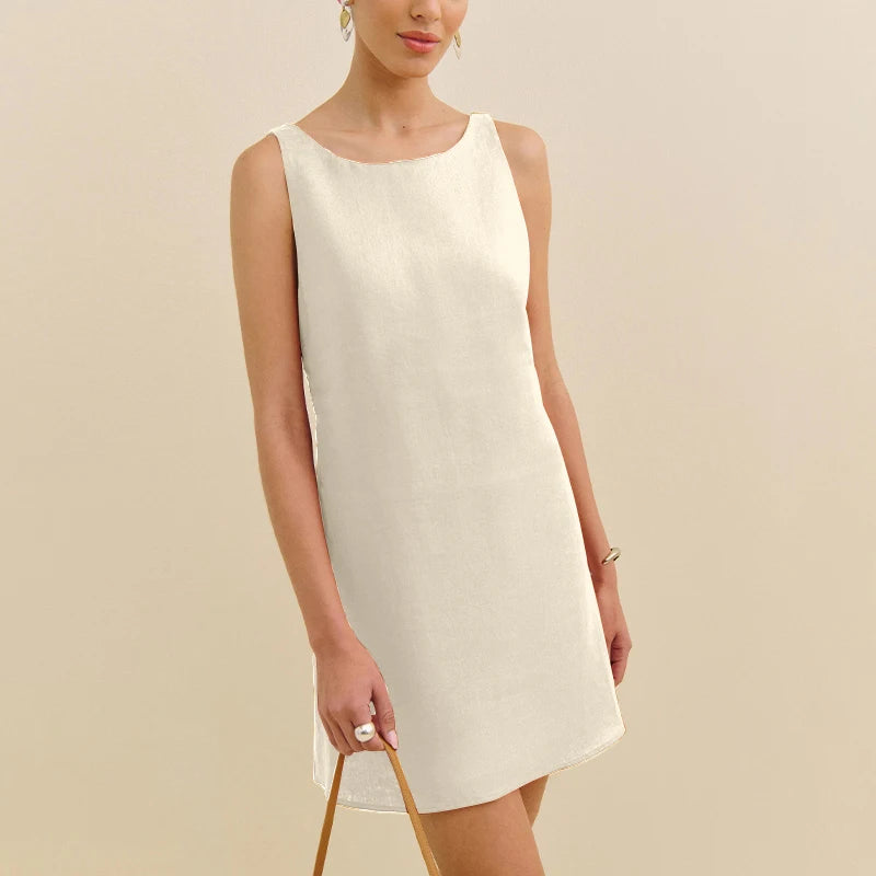 Backless Cotton Linen Women Dresses French Sleeveless Mini Dresses Summer Ladies