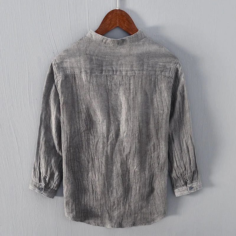 Linen Casual Worn Seven Sleeve Shirt Men Style Stand Collar Solid Comfortable Tops Shirt Male Clothes