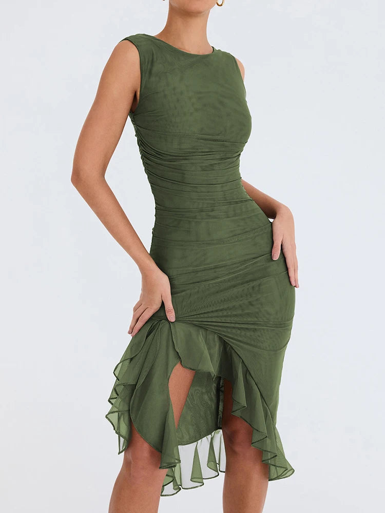 Elegant Ruffle Midi Dress For Women Robe Summer Backless Irregular Club Party Dress