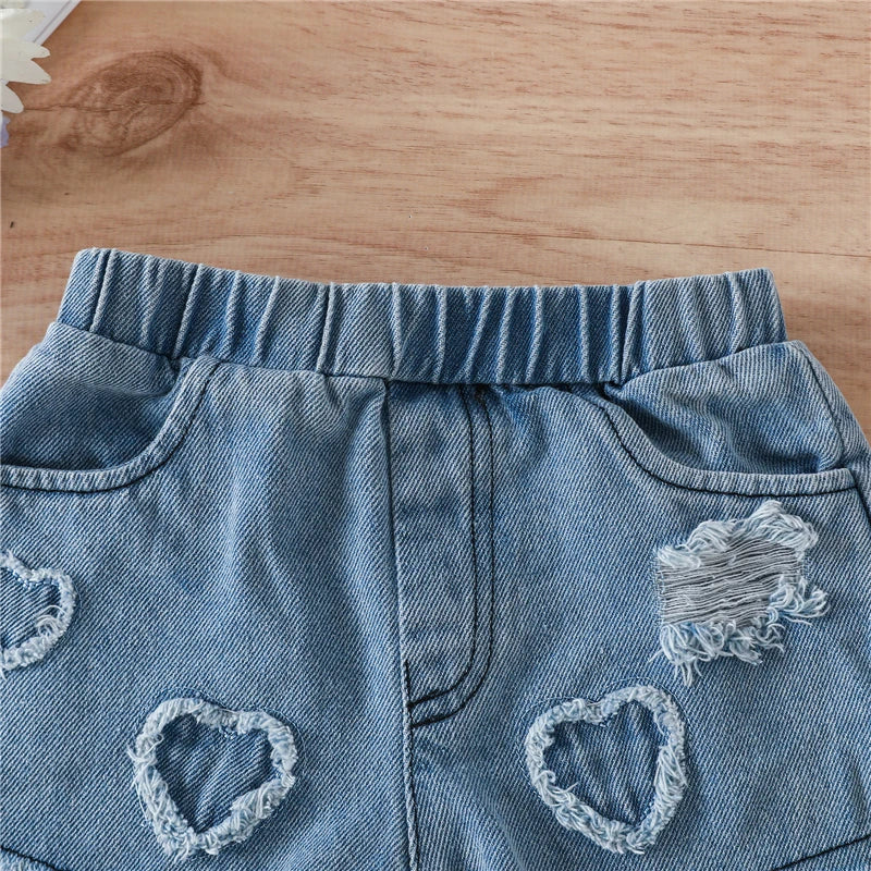 Summer Baby Clothing Set Sleeveless Heart Tank Top and Ripped Denim Shorts 0-24 Months Baby Clothes Newborn Baby Girls Outfits